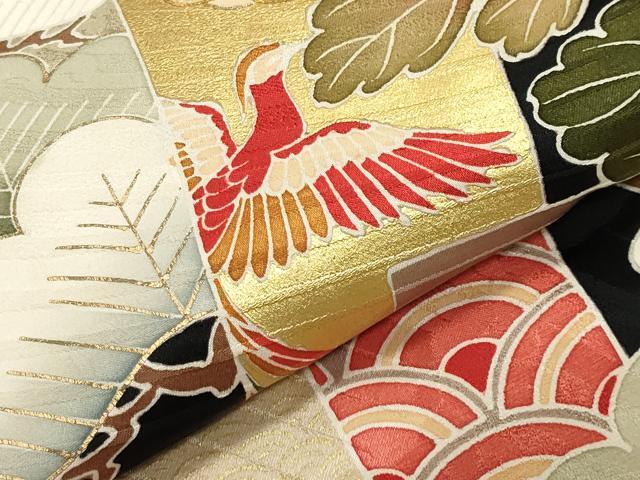 平和屋着物●豪華振袖 駒刺繍 鳳凰短冊宝尽くし花文 黒地 金彩 正絹 逸品 CABB0171gh