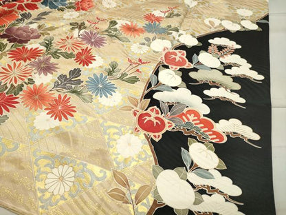 平和屋着物●豪華振袖 駒刺繍 鳳凰短冊宝尽くし花文 黒地 金彩 正絹 逸品 CABB0171gh