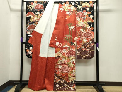 平和屋着物●豪華振袖 駒刺繍 絞り 宝尽くし松竹梅文 暈し染め 黒地 金彩 正絹 逸品 CABB0172gh