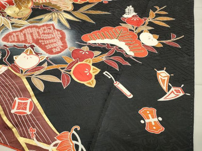 平和屋着物●豪華振袖 駒刺繍 絞り 宝尽くし松竹梅文 暈し染め 黒地 金彩 正絹 逸品 CABB0172gh
