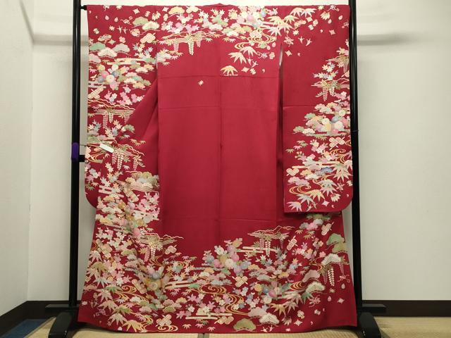 平和屋着物●豪華振袖 駒刺繍 流水松竹梅文 金彩 正絹 逸品 CABB0173gh