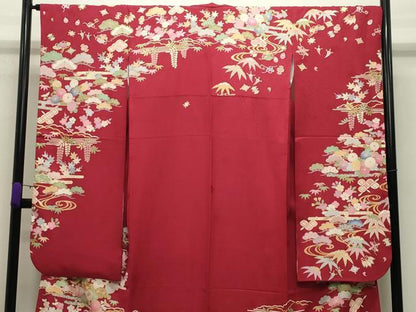平和屋着物●豪華振袖 駒刺繍 流水松竹梅文 金彩 正絹 逸品 CABB0173gh