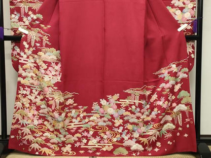 平和屋着物●豪華振袖 駒刺繍 流水松竹梅文 金彩 正絹 逸品 CABB0173gh