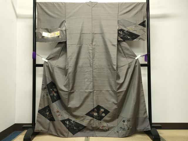 平和屋着物●本場縞大島紬 訪問着 切嵌草花文 寿紬工場謹製 証紙付き 正絹 逸品 未使用 CABB0183gh