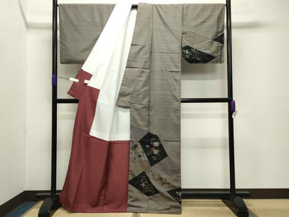 平和屋着物●本場縞大島紬 訪問着 切嵌草花文 寿紬工場謹製 証紙付き 正絹 逸品 未使用 CABB0183gh