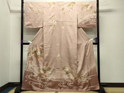 平和屋着物●訪問着 駒刺繍 流水花蝶文 暈し染め 金彩 正絹 逸品 未使用 CABB0184gh