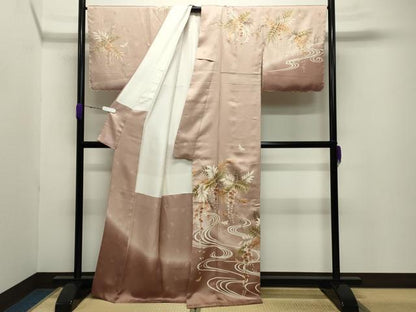 平和屋着物●訪問着 駒刺繍 流水花蝶文 暈し染め 金彩 正絹 逸品 未使用 CABB0184gh