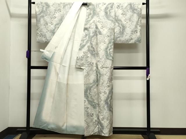 平和屋着物●名門 藤娘きぬたや・総絞り 藤娘大島しぼり 本場大島紬 白大島 9マルキ 花唐草文 正絹 逸品 CABB0191gh