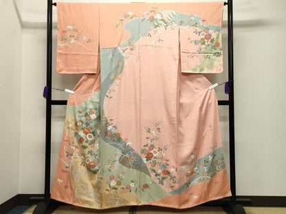 平和屋着物●訪問着 作家物 駒刺繍 流水草花文 金彩 正絹 逸品 未使用 CABB0194gh