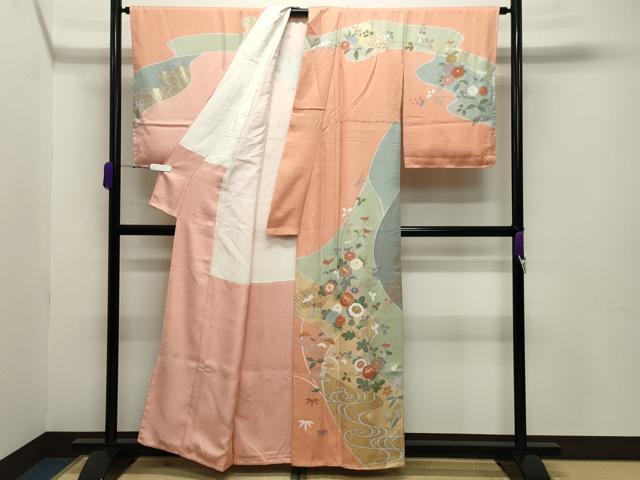 平和屋着物●訪問着 作家物 駒刺繍 流水草花文 金彩 正絹 逸品 未使用 CABB0194gh