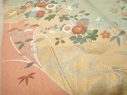 平和屋着物●訪問着 作家物 駒刺繍 流水草花文 金彩 正絹 逸品 未使用 CABB0194gh