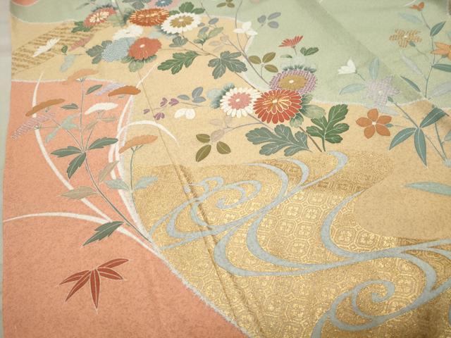 平和屋着物●訪問着 作家物 駒刺繍 流水草花文 金彩 正絹 逸品 未使用 CABB0194gh
