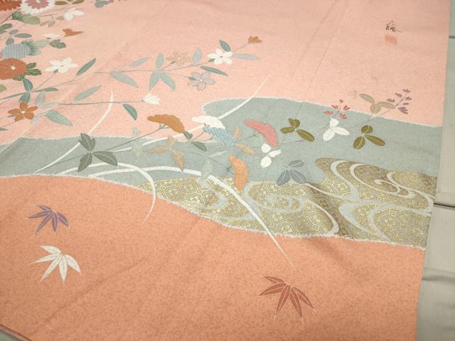 平和屋着物●訪問着 作家物 駒刺繍 流水草花文 金彩 正絹 逸品 未使用 CABB0194gh