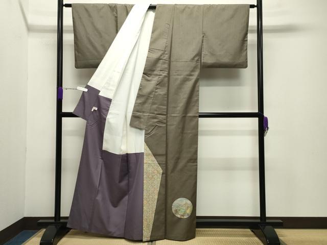 平和屋着物●手彫木版染 佐伯武晴 訪問着 紬地 風景飛鳥文 正絹 逸品 CABB0195gh