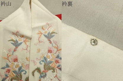 平和屋着物●長襦袢 袷 飛鶴亀甲花地紋 緋色 半衿刺繍 正絹 逸品 CABB0204gh
