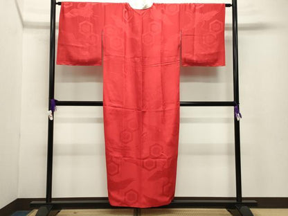平和屋着物●長襦袢 袷 飛鶴亀甲花地紋 緋色 半衿刺繍 正絹 逸品 CABB0204gh