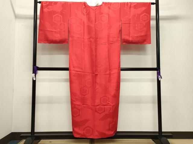 平和屋着物●長襦袢 袷 飛鶴亀甲花地紋 緋色 半衿刺繍 正絹 逸品 CABB0204gh
