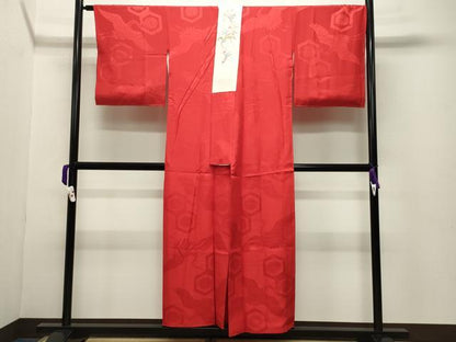 平和屋着物●長襦袢 袷 飛鶴亀甲花地紋 緋色 半衿刺繍 正絹 逸品 CABB0204gh