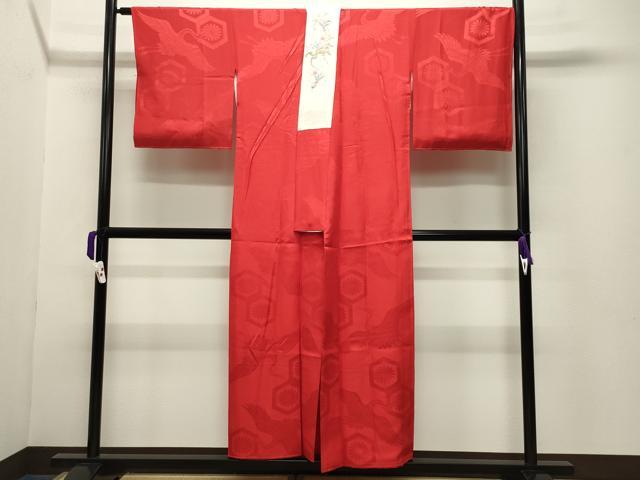 平和屋着物●長襦袢 袷 飛鶴亀甲花地紋 緋色 半衿刺繍 正絹 逸品 CABB0204gh