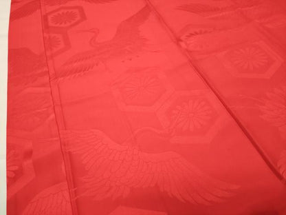 平和屋着物●長襦袢 袷 飛鶴亀甲花地紋 緋色 半衿刺繍 正絹 逸品 CABB0204gh