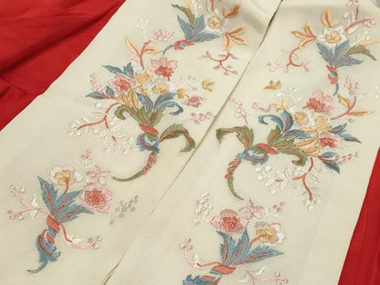 平和屋着物●長襦袢 袷 飛鶴亀甲花地紋 緋色 半衿刺繍 正絹 逸品 CABB0204gh
