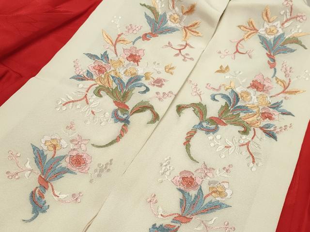 平和屋着物●長襦袢 袷 飛鶴亀甲花地紋 緋色 半衿刺繍 正絹 逸品 CABB0204gh