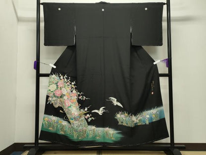 平和屋着物●豪華黒留袖 友禅 作家物 草木加賀五彩 花車尾長鳥飛鶴文 暈し染め 正絹 逸品 未使用 CABB0224gh