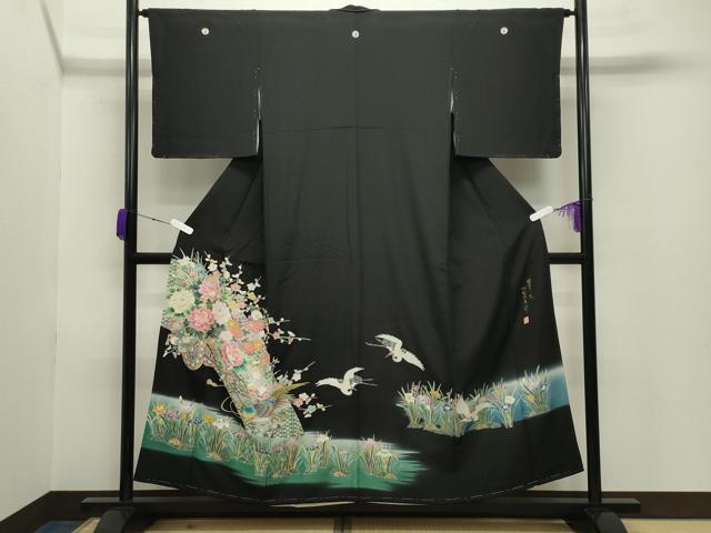 平和屋着物●豪華黒留袖 友禅 作家物 草木加賀五彩 花車尾長鳥飛鶴文 暈し染め 正絹 逸品 未使用 CABB0224gh