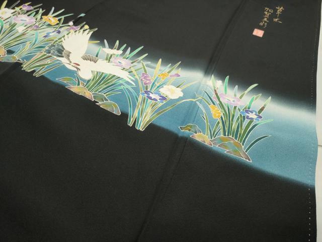 平和屋着物●豪華黒留袖 友禅 作家物 草木加賀五彩 花車尾長鳥飛鶴文 暈し染め 正絹 逸品 未使用 CABB0224gh