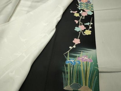 平和屋着物●豪華黒留袖 友禅 作家物 草木加賀五彩 花車尾長鳥飛鶴文 暈し染め 正絹 逸品 未使用 CABB0224gh