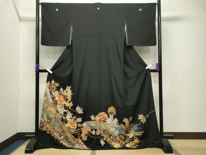 平和屋着物●豪華黒留袖 飛鶴雪輪花文 暈し染め 金銀彩 ロング丈 正絹 逸品 未使用 CABB0227gh