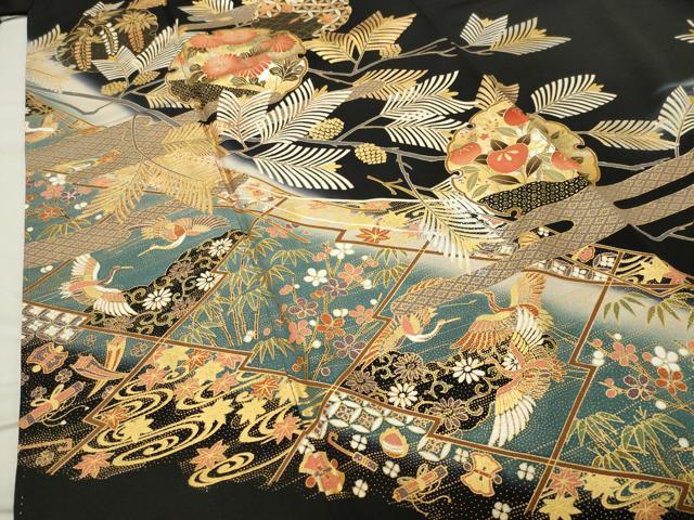 平和屋着物●豪華黒留袖 飛鶴雪輪花文 暈し染め 金銀彩 ロング丈 正絹 逸品 未使用 CABB0227gh
