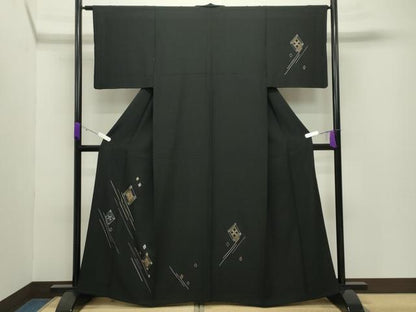 平和屋着物●訪問着 竹屋町刺繍 菱花文 黒地 金彩 正絹 逸品 CABB0228gh