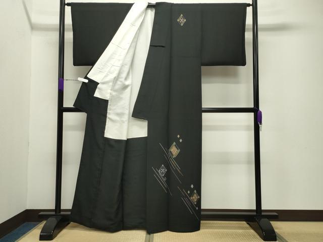 平和屋着物●訪問着 竹屋町刺繍 菱花文 黒地 金彩 正絹 逸品 CABB0228gh