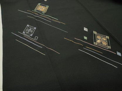 平和屋着物●訪問着 竹屋町刺繍 菱花文 黒地 金彩 正絹 逸品 CABB0228gh