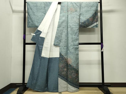 平和屋着物●中国三大刺繍 スワトウ刺繍 総刺繍 訪問着 紬地 杢目絞り 花唐草文 正絹 逸品 未使用 CABB0253gh
