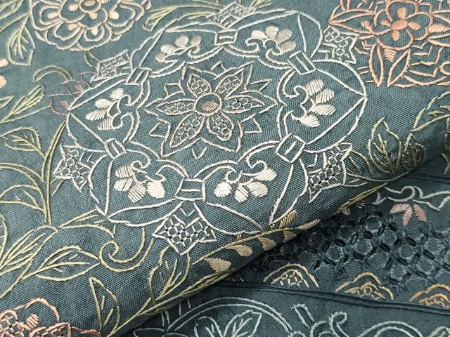 平和屋着物●中国三大刺繍 スワトウ刺繍 総刺繍 訪問着 紬地 杢目絞り 花唐草文 正絹 逸品 未使用 CABB0253gh