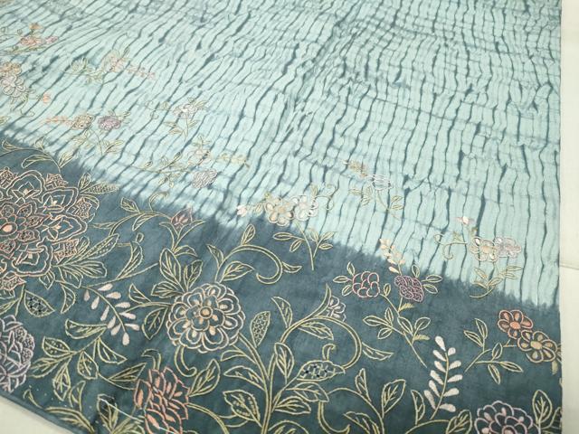 平和屋着物●中国三大刺繍 スワトウ刺繍 総刺繍 訪問着 紬地 杢目絞り 花唐草文 正絹 逸品 未使用 CABB0253gh
