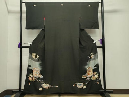 平和屋着物●アンティーク 大正ロマン 黒留袖 貝桶花文 暈し染め 金彩 正絹 逸品 CABB0254gh
