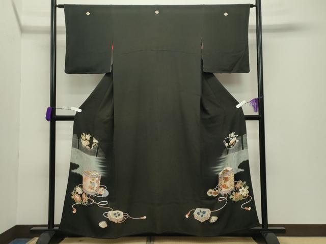 平和屋着物●アンティーク 大正ロマン 黒留袖 貝桶花文 暈し染め 金彩 正絹 逸品 CABB0254gh