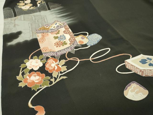 平和屋着物●アンティーク 大正ロマン 黒留袖 貝桶花文 暈し染め 金彩 正絹 逸品 CABB0254gh