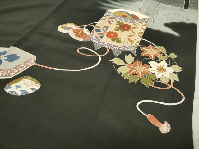平和屋着物●アンティーク 大正ロマン 黒留袖 貝桶花文 暈し染め 金彩 正絹 逸品 CABB0254gh