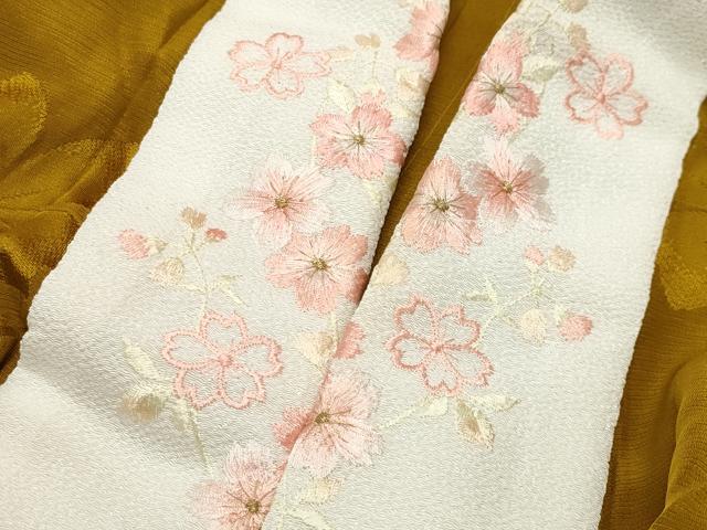 平和屋着物●振袖用長襦袢 無双仕立て 舞桜地紋 黄金色 やまと誂製 半衿刺繍 正絹 逸品 CABB0262gh