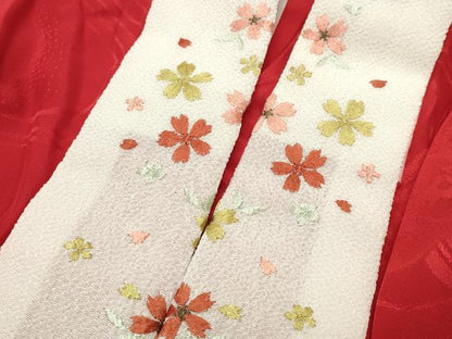 平和屋着物●振袖用長襦袢　無双仕立て　流水糸巻き花地紋　赤色　半衿刺繍　正絹　逸品　CABB0263gh