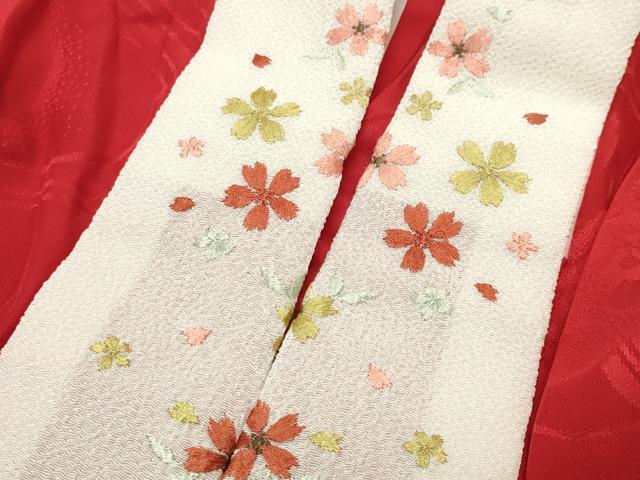 平和屋着物●振袖用長襦袢　無双仕立て　流水糸巻き花地紋　赤色　半衿刺繍　正絹　逸品　CABB0263gh