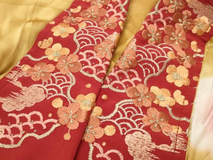 平和屋着物●振袖用長襦袢 無双仕立て 舞梅文 蛍暈し 半衿刺繍 正絹 逸品 CABB0264gh