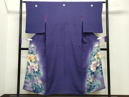 平和屋着物●アンティーク 大正ロマン 色留袖 手描き 刺繍 牡丹花文 暈し染め 金糸 正絹 逸品 CABB0270gh