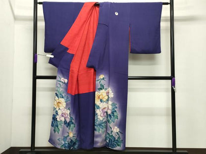 平和屋着物●アンティーク 大正ロマン 色留袖 手描き 刺繍 牡丹花文 暈し染め 金糸 正絹 逸品 CABB0270gh