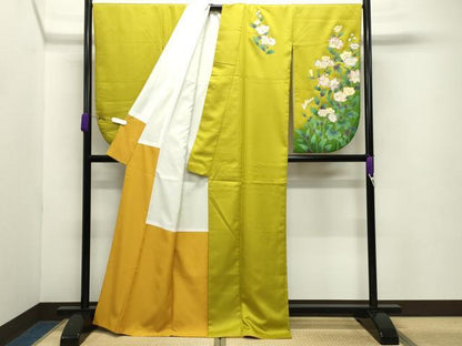 平和屋着物●小振袖 二尺袖 草花文 金彩 洗える着物 CABB0280gh