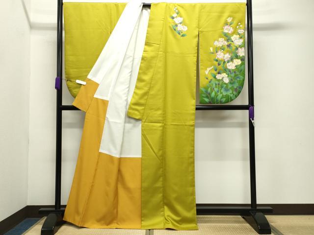 平和屋着物●小振袖 二尺袖 草花文 金彩 洗える着物 CABB0280gh
